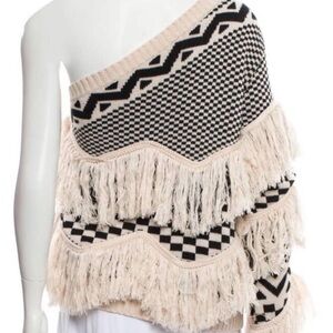 Chic Black and Cream Fringed one shoulder sweater